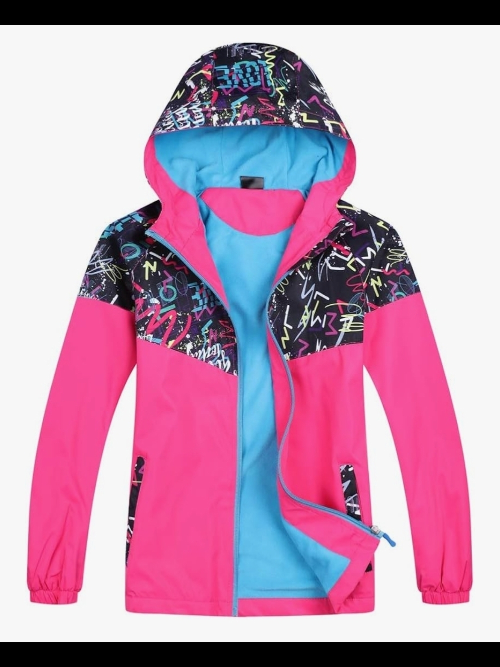 Bright Pink Hooded Waterproof Windbreaker with Neon Pattern